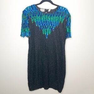 Vintage Stenay Beaded Cocktail Dress Black Green